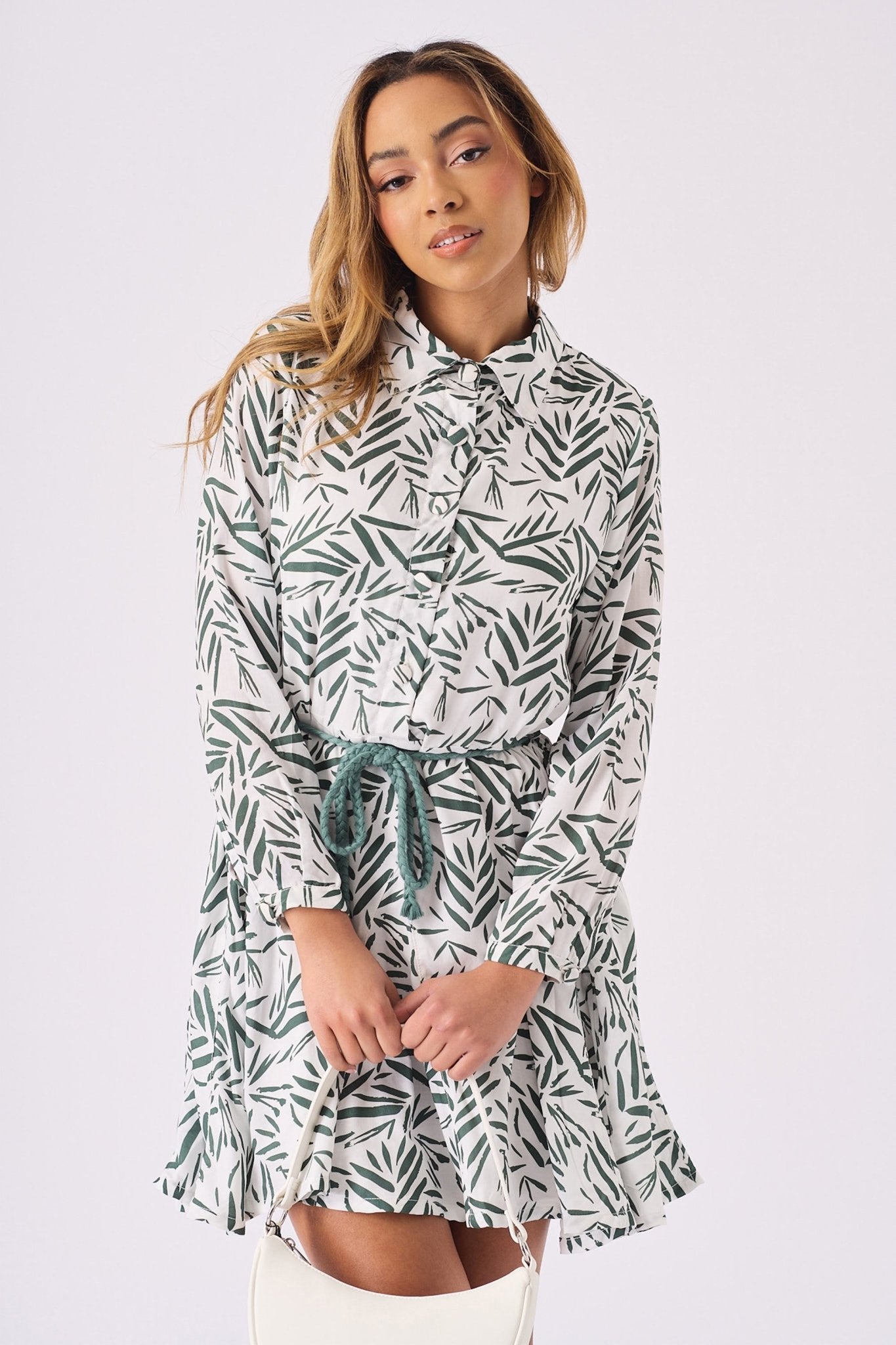 SKATER FLUTER DRESS WITH BELT TIE - GREEN - JMOJO - Women's Dresses