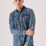 SLIM FIT DENIM SHIRT - BLUE ACID WASH - JMOJO - Men's Denim Shirts