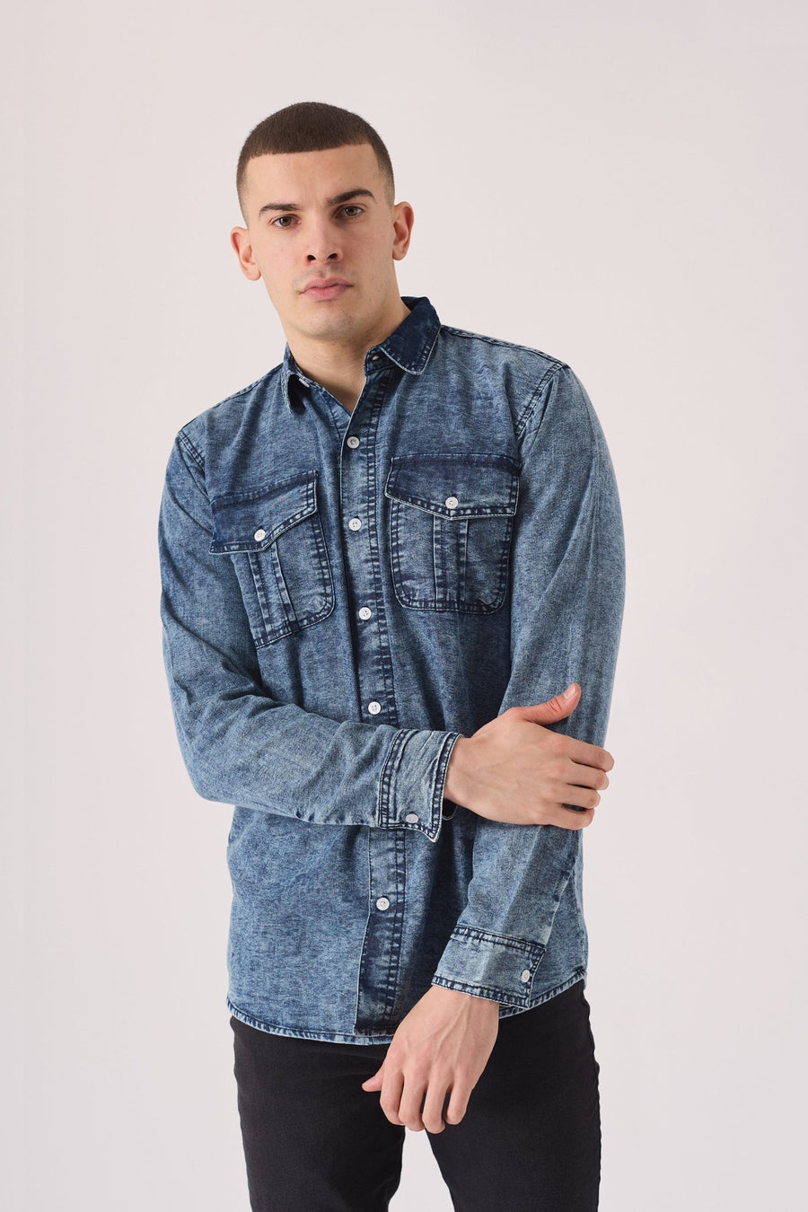SLIM FIT DENIM SHIRT - BLUE ACID WASH - JMOJO - Men's Denim Shirts