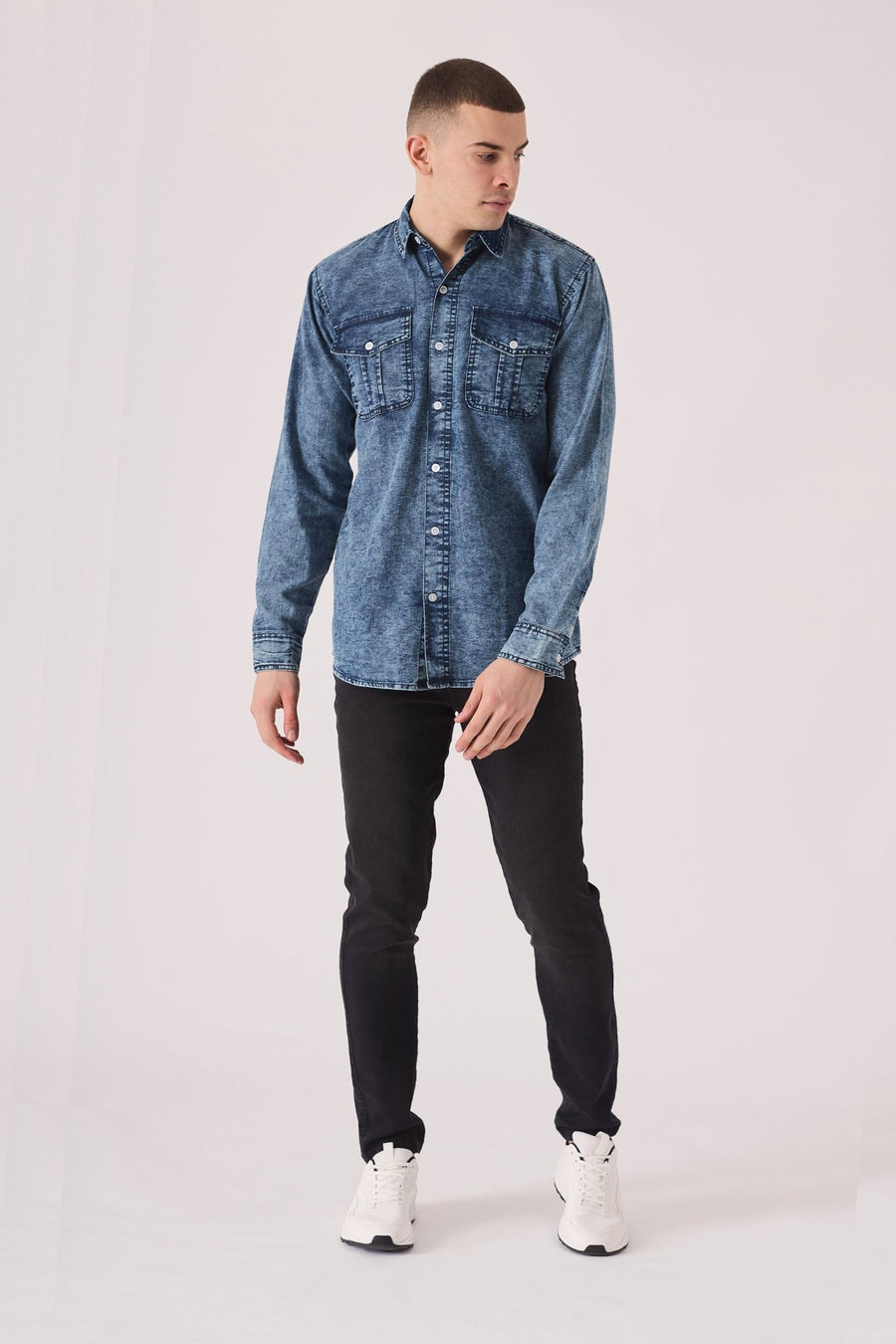 SLIM FIT DENIM SHIRT - BLUE ACID WASH - JMOJO - Men's Denim Shirts
