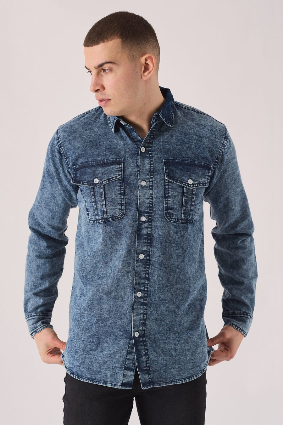 SLIM FIT DENIM SHIRT - BLUE ACID WASH - JMOJO - Men's Denim Shirts