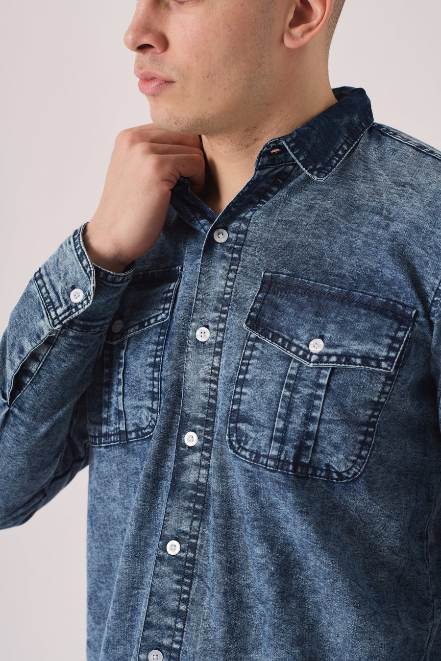 SLIM FIT DENIM SHIRT - BLUE ACID WASH - JMOJO - Men's Denim Shirts