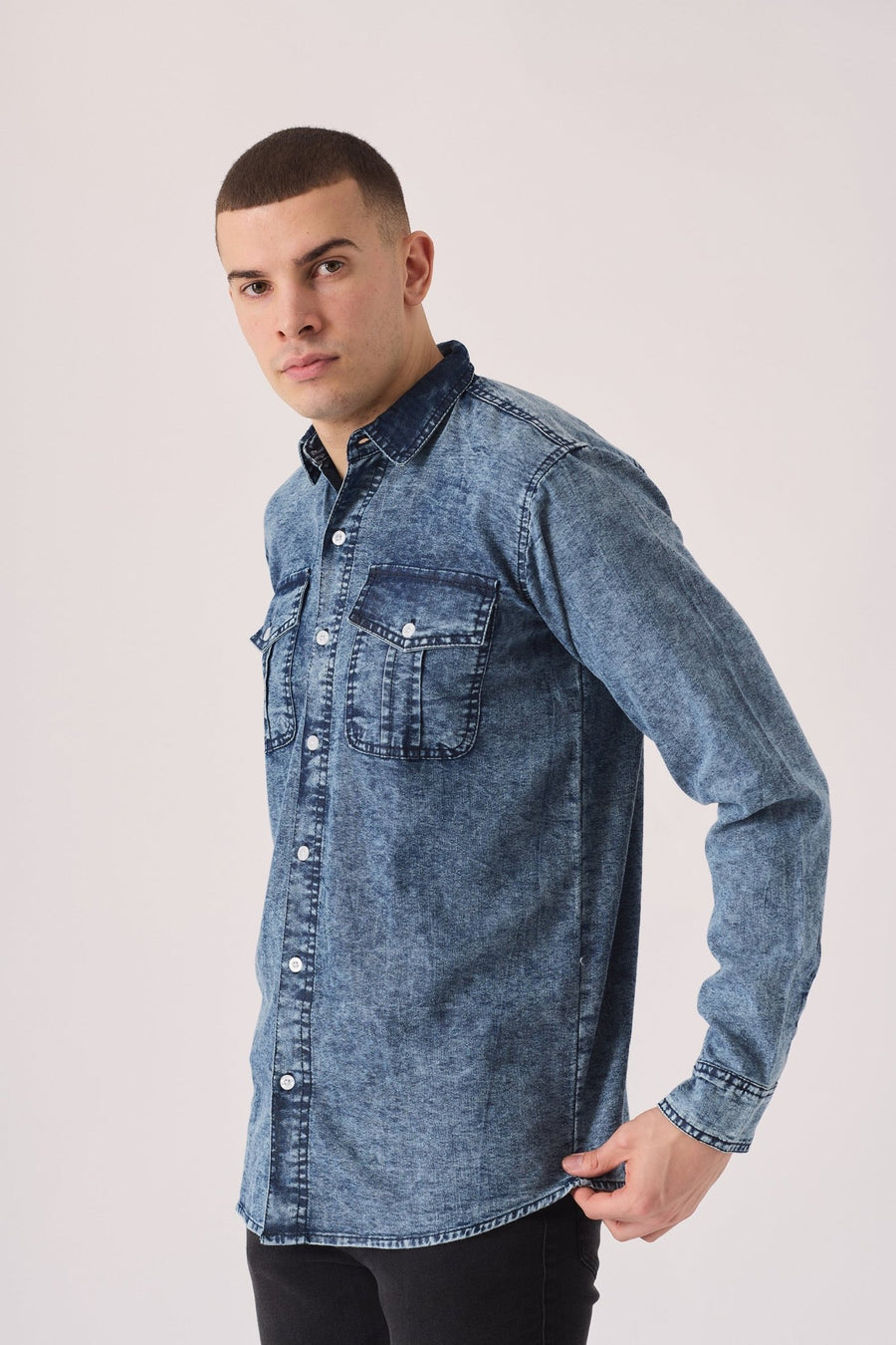 SLIM FIT DENIM SHIRT - BLUE ACID WASH - JMOJO - Men's Denim Shirts