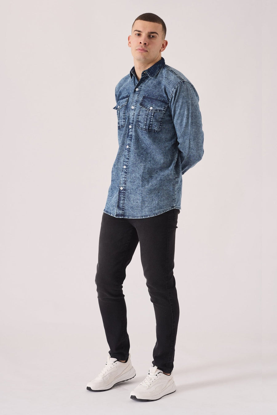SLIM FIT DENIM SHIRT - BLUE ACID WASH - JMOJO - Men's Denim Shirts