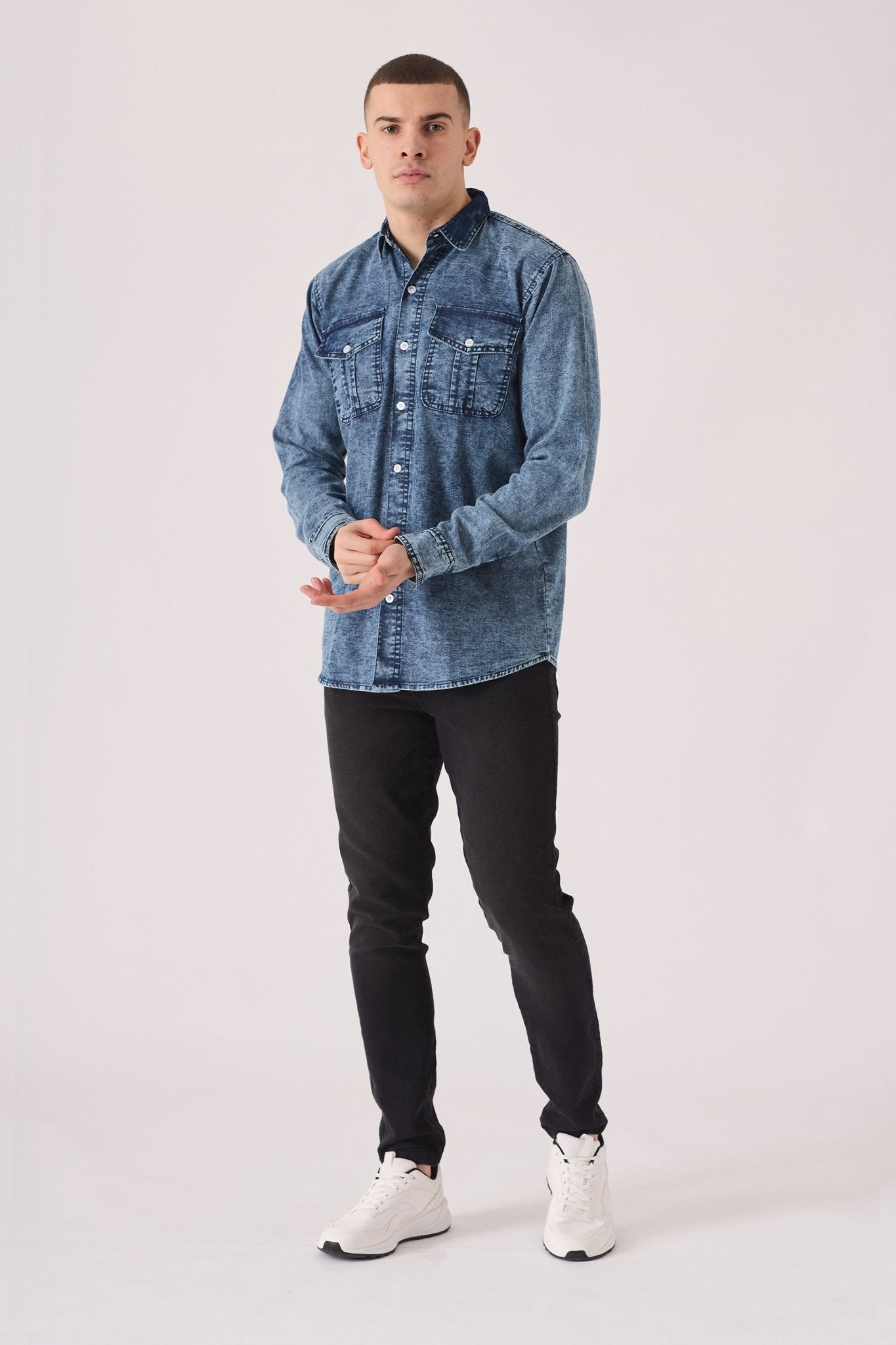SLIM FIT DENIM SHIRT - BLUE ACID WASH - JMOJO - Men's Denim Shirts