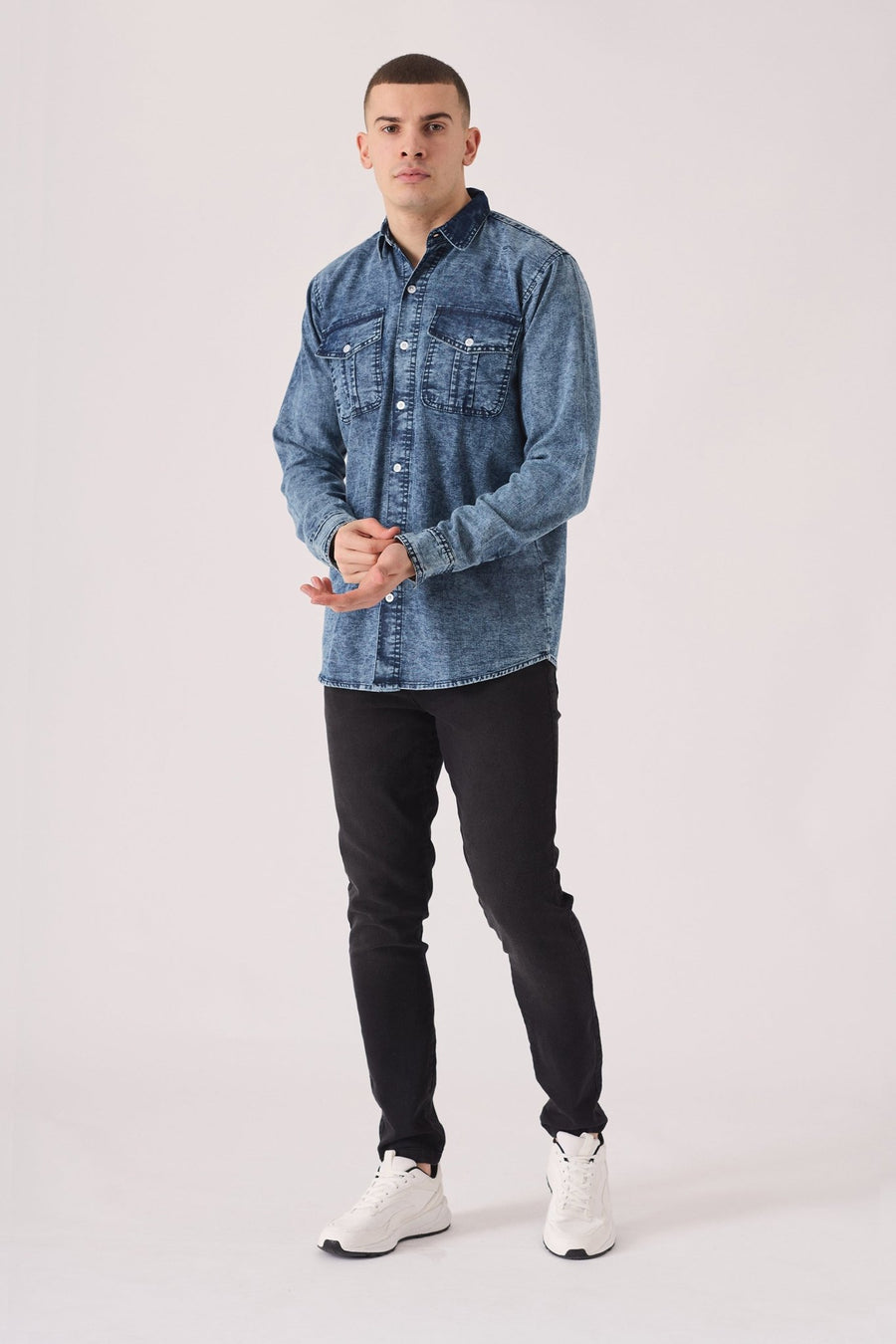SLIM FIT DENIM SHIRT - BLUE ACID WASH - JMOJO - Men's Denim Shirts
