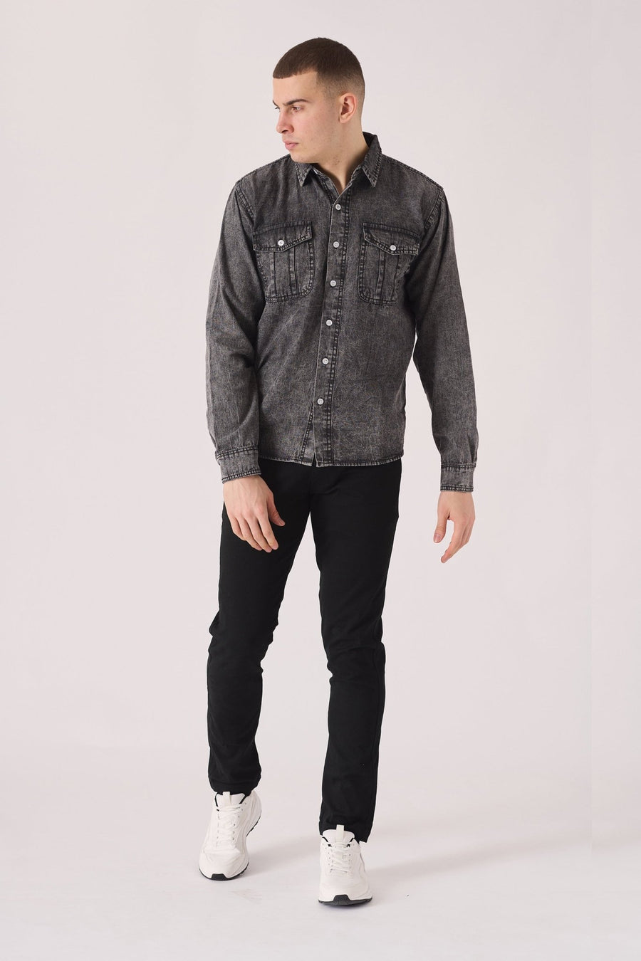 SLIM FIT DENIM SHIRT - GREY ACID WASH - JMOJO - Men's Denim Shirts