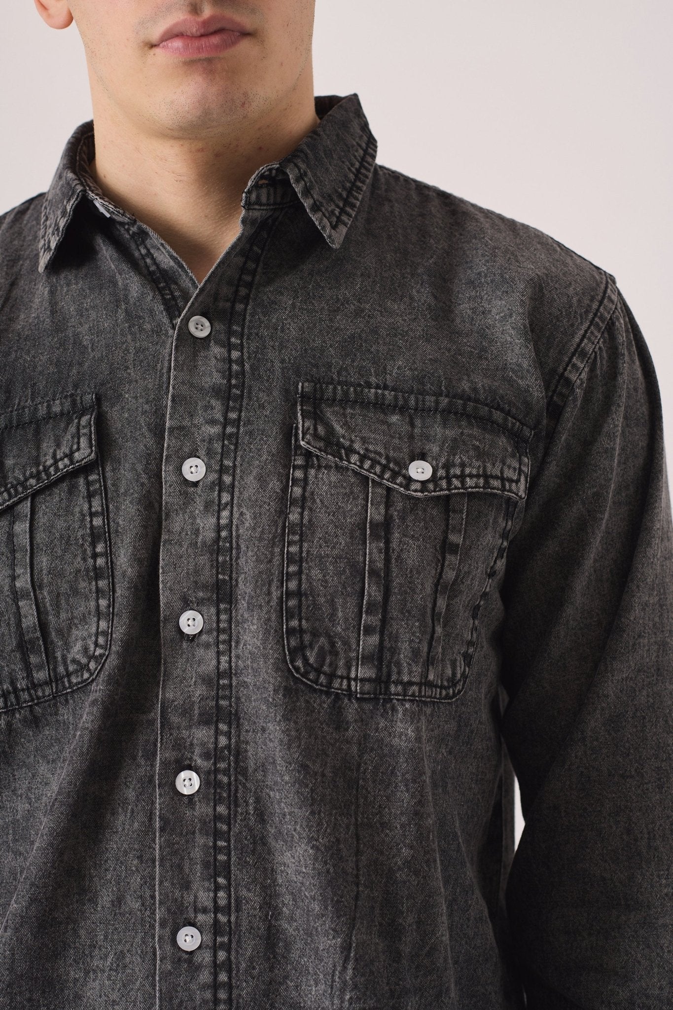 SLIM FIT DENIM SHIRT - GREY ACID WASH - JMOJO - Men's Denim Shirts