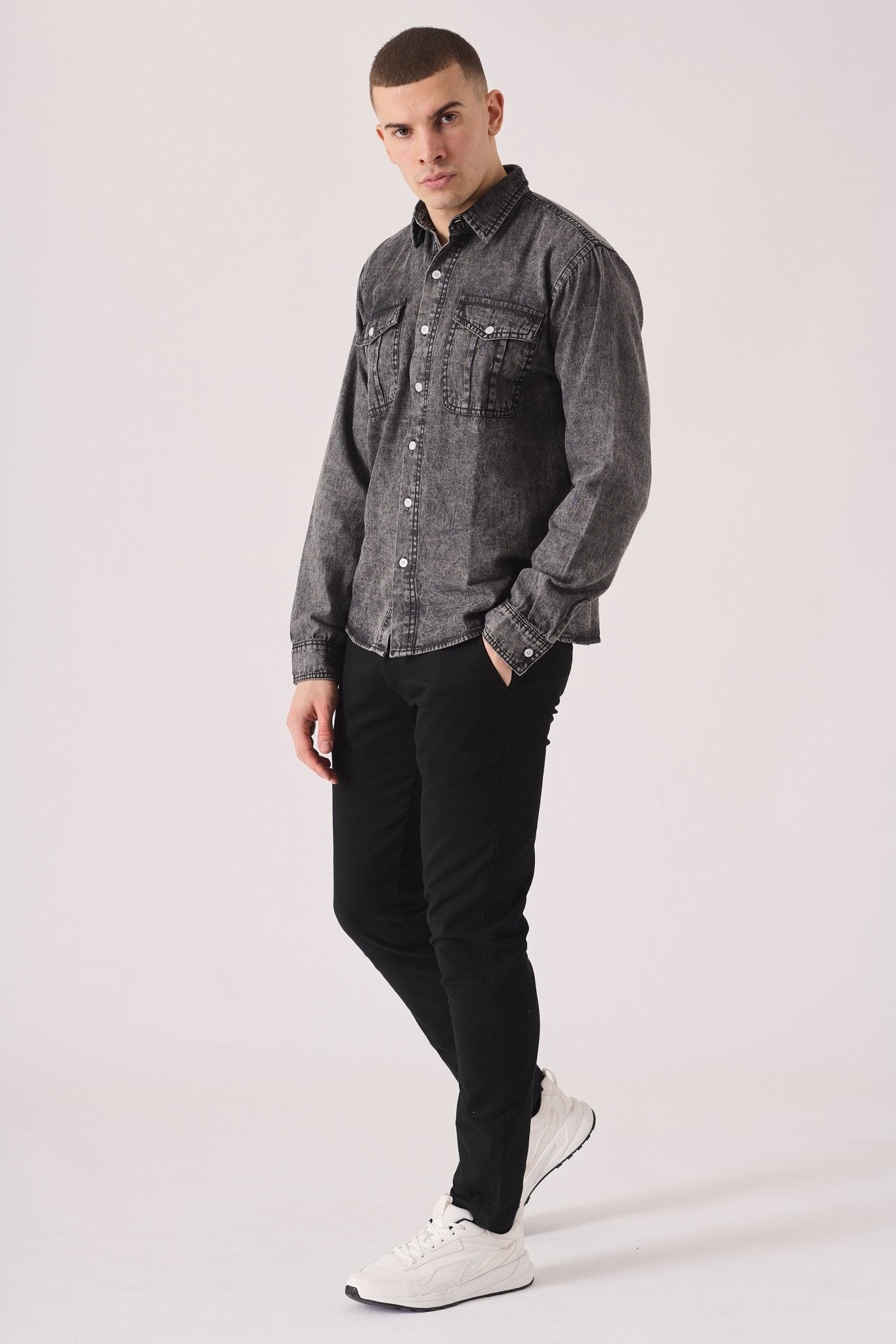SLIM FIT DENIM SHIRT - GREY ACID WASH - JMOJO - Men's Denim Shirts
