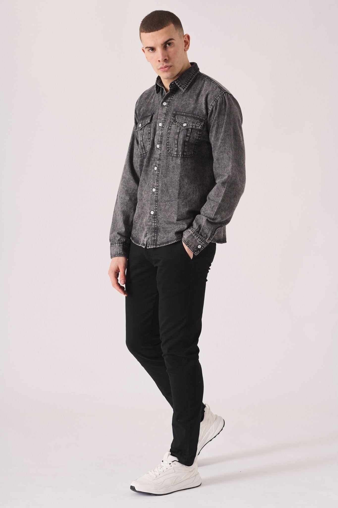 SLIM FIT DENIM SHIRT - GREY ACID WASH - JMOJO - Men's Denim Shirts