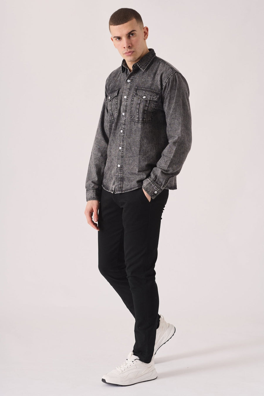 SLIM FIT DENIM SHIRT - GREY ACID WASH - JMOJO - Men's Denim Shirts