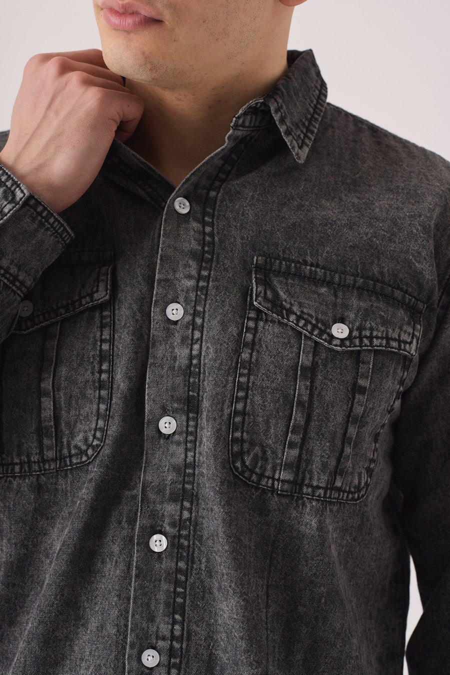 SLIM FIT DENIM SHIRT - GREY ACID WASH - JMOJO - Men's Denim Shirts