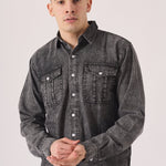 SLIM FIT DENIM SHIRT - GREY ACID WASH - JMOJO - Men's Denim Shirts