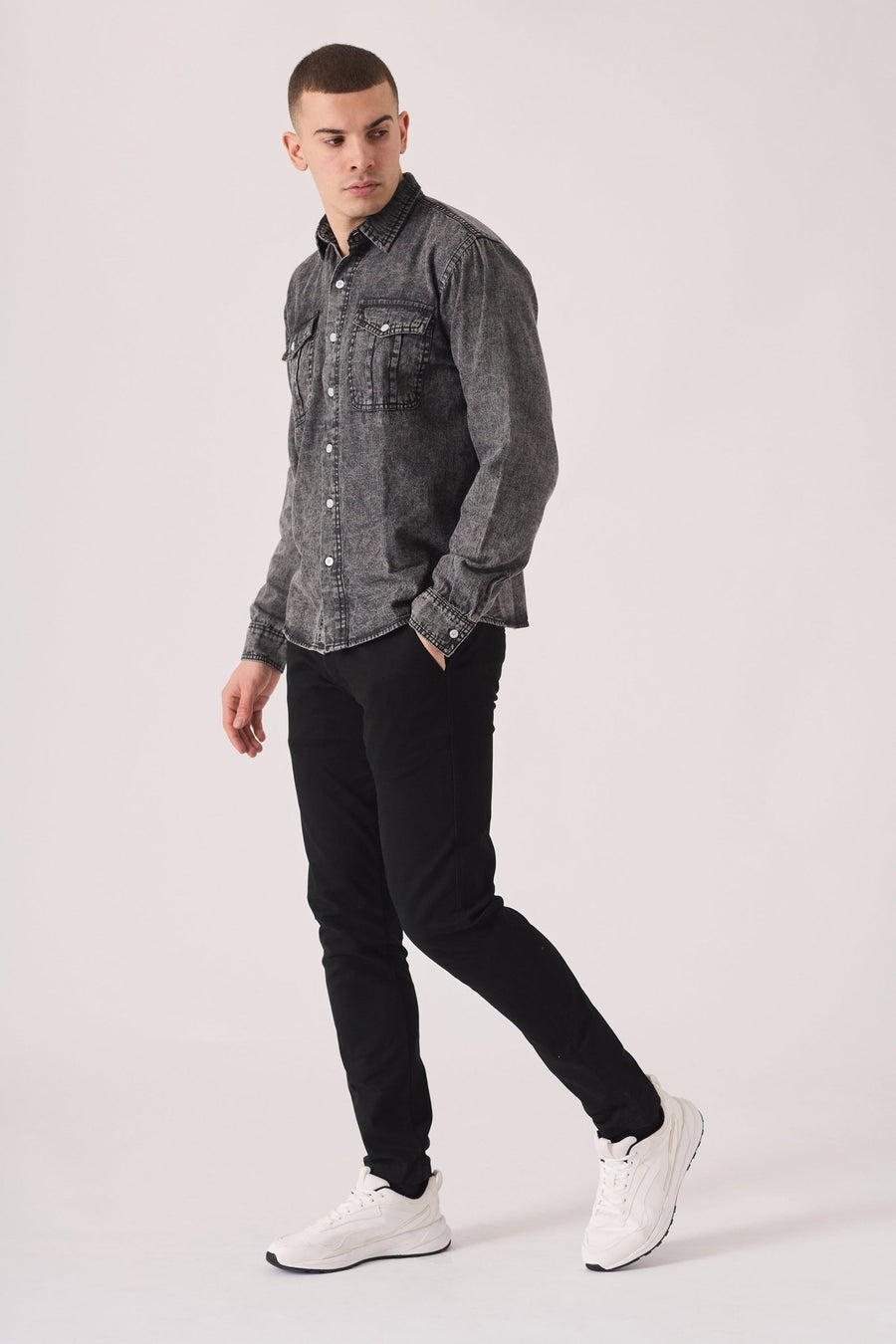 SLIM FIT DENIM SHIRT - GREY ACID WASH - JMOJO - Men's Denim Shirts