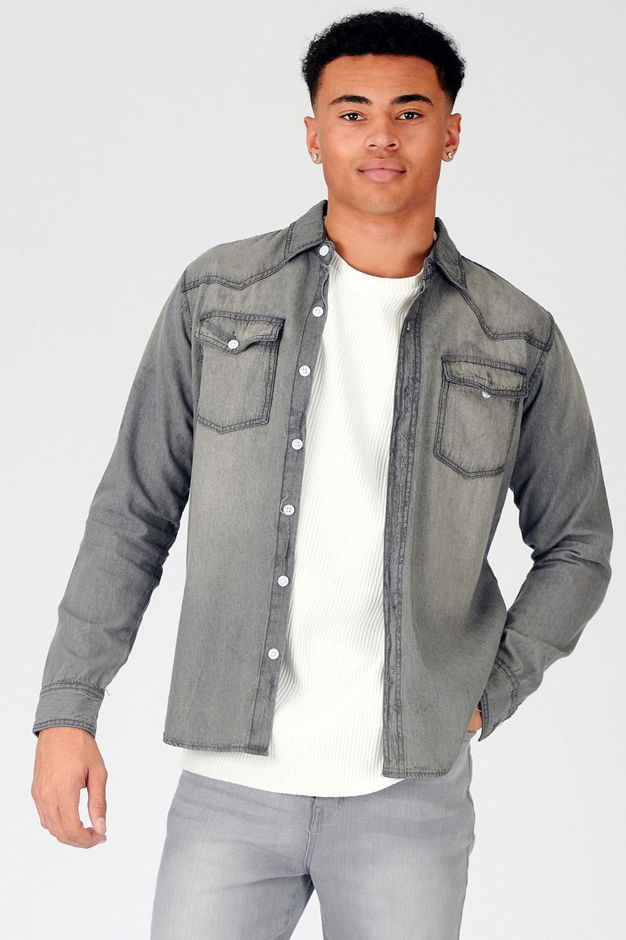 SLIM FIT DENIM SHIRT - GREY WASH - JMOJO - Men's Denim Shirts