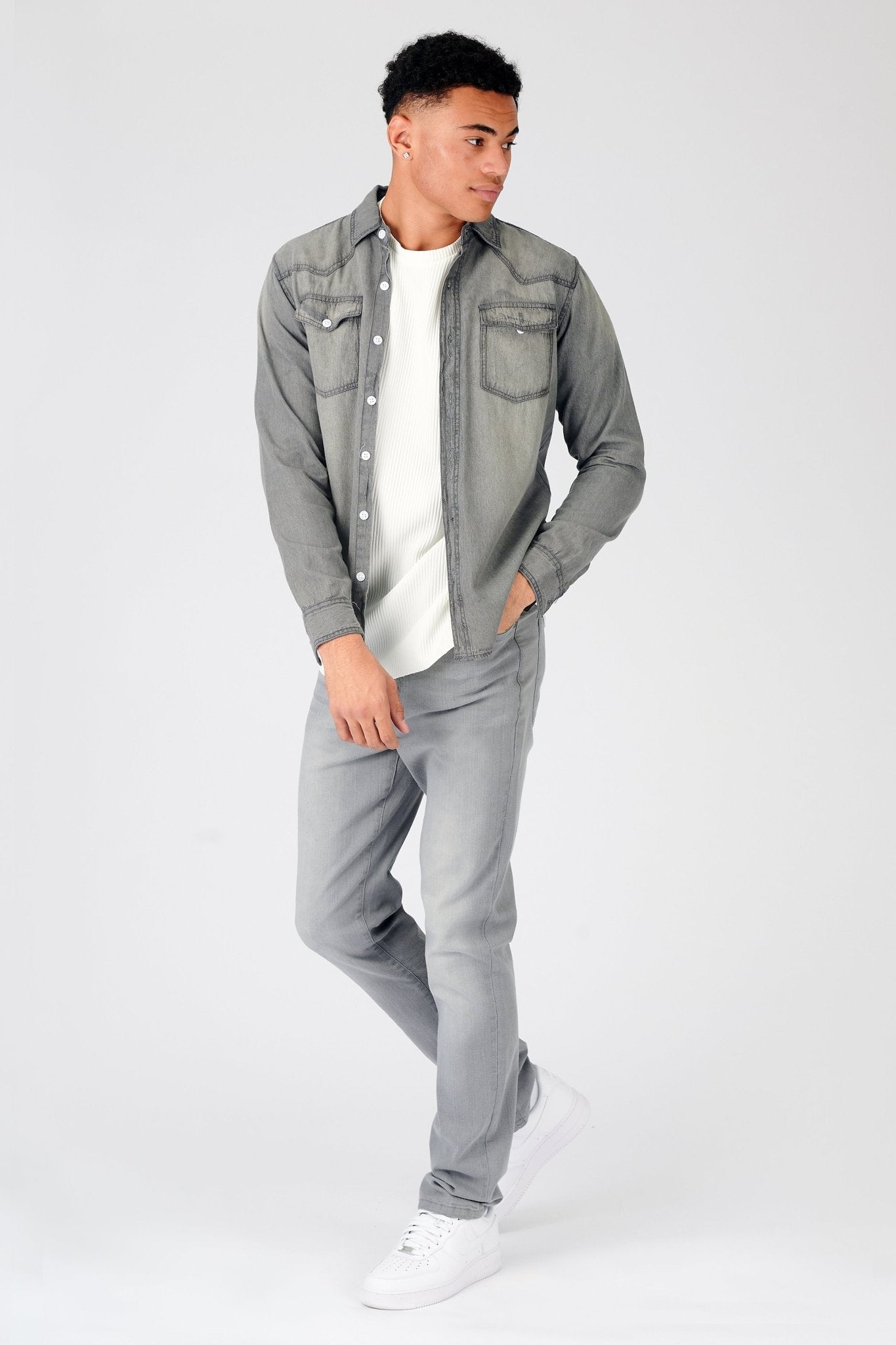 SLIM FIT DENIM SHIRT - GREY WASH - JMOJO - Men's Denim Shirts