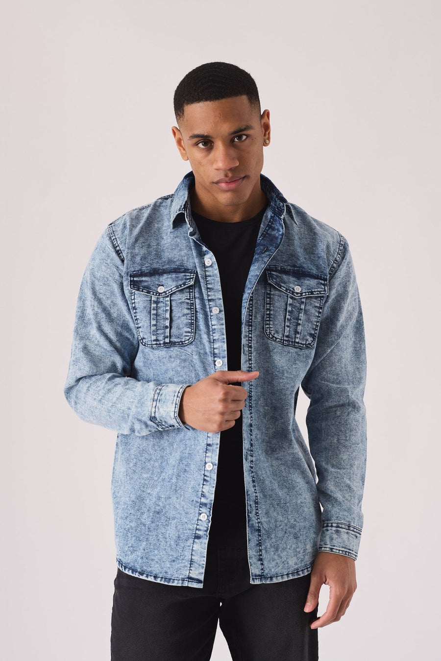 SLIM FIT DENIM SHIRT - LIGHT BLUE ACID WASH - JMOJO - Men's Denim Shirts