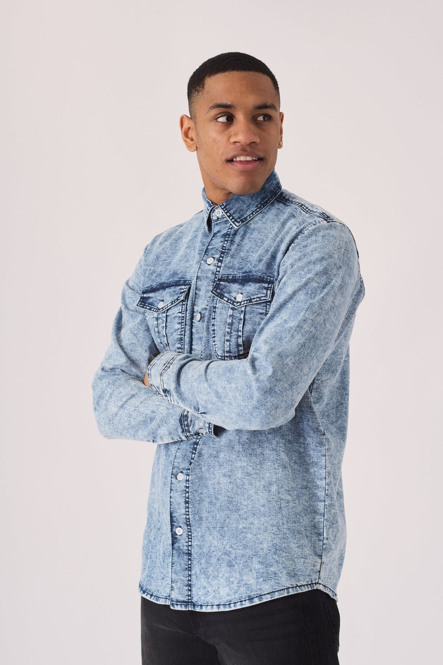 SLIM FIT DENIM SHIRT - LIGHT BLUE ACID WASH - JMOJO - Men's Denim Shirts
