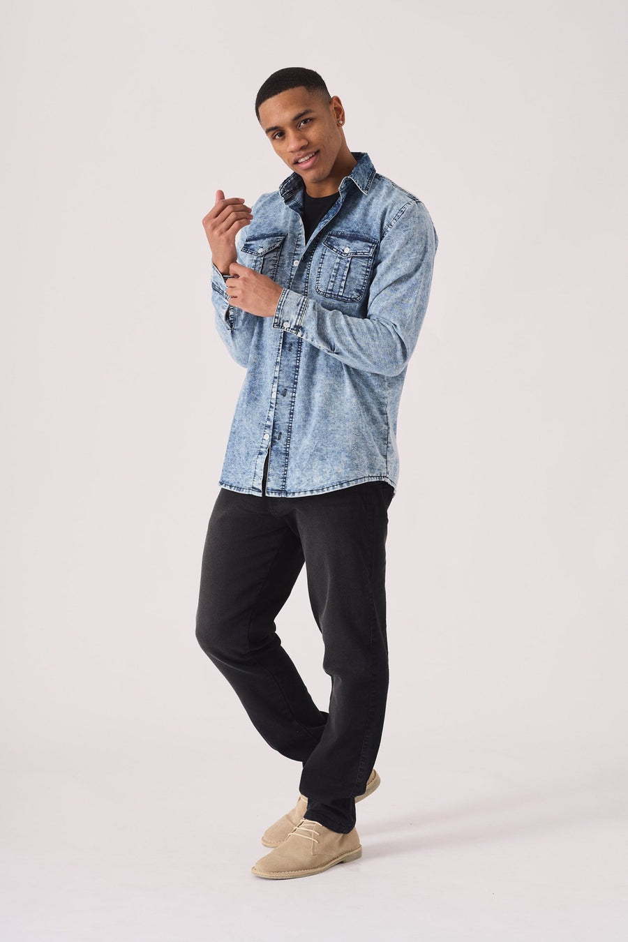 SLIM FIT DENIM SHIRT - LIGHT BLUE ACID WASH - JMOJO - Men's Denim Shirts