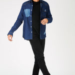 SLIM FIT DISTRESSED DENIM SHIRT - SHADED INDIGO BLUE - JMOJO - Men's Denim Shirts