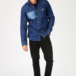 SLIM FIT DISTRESSED DENIM SHIRT - SHADED INDIGO BLUE - JMOJO - Men's Denim Shirts