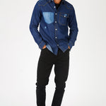 SLIM FIT DISTRESSED DENIM SHIRT - SHADED INDIGO BLUE - JMOJO - Men's Denim Shirts