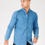 SLIM FIT GRANDAD COLLAR DENIM SHIRT - BLUE - JMOJO - Men's Denim Shirts