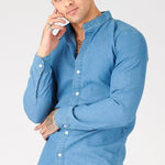 SLIM FIT GRANDAD COLLAR DENIM SHIRT - BLUE - JMOJO - Men's Denim Shirts