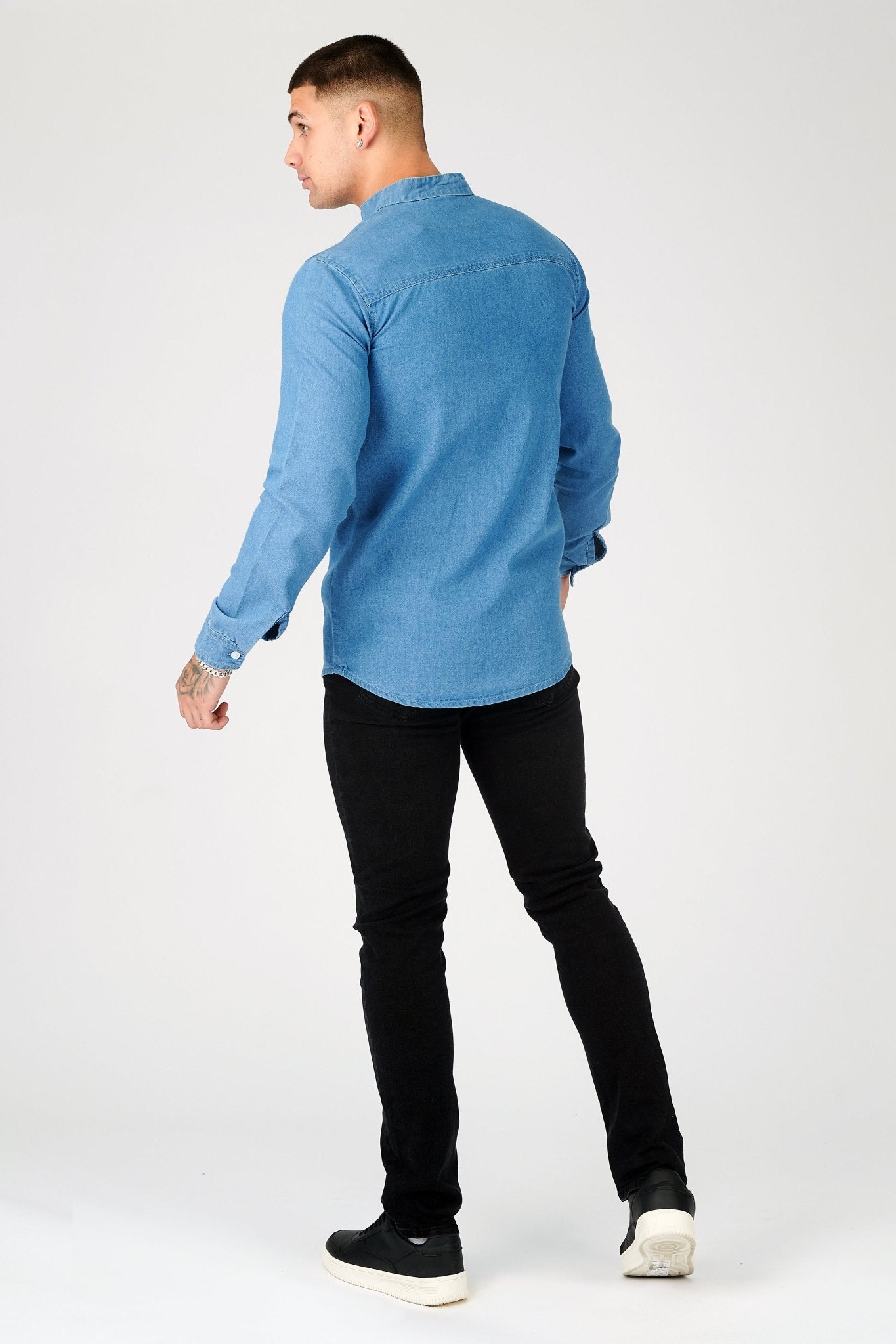 SLIM FIT GRANDAD COLLAR DENIM SHIRT - BLUE - JMOJO - Men's Denim Shirts