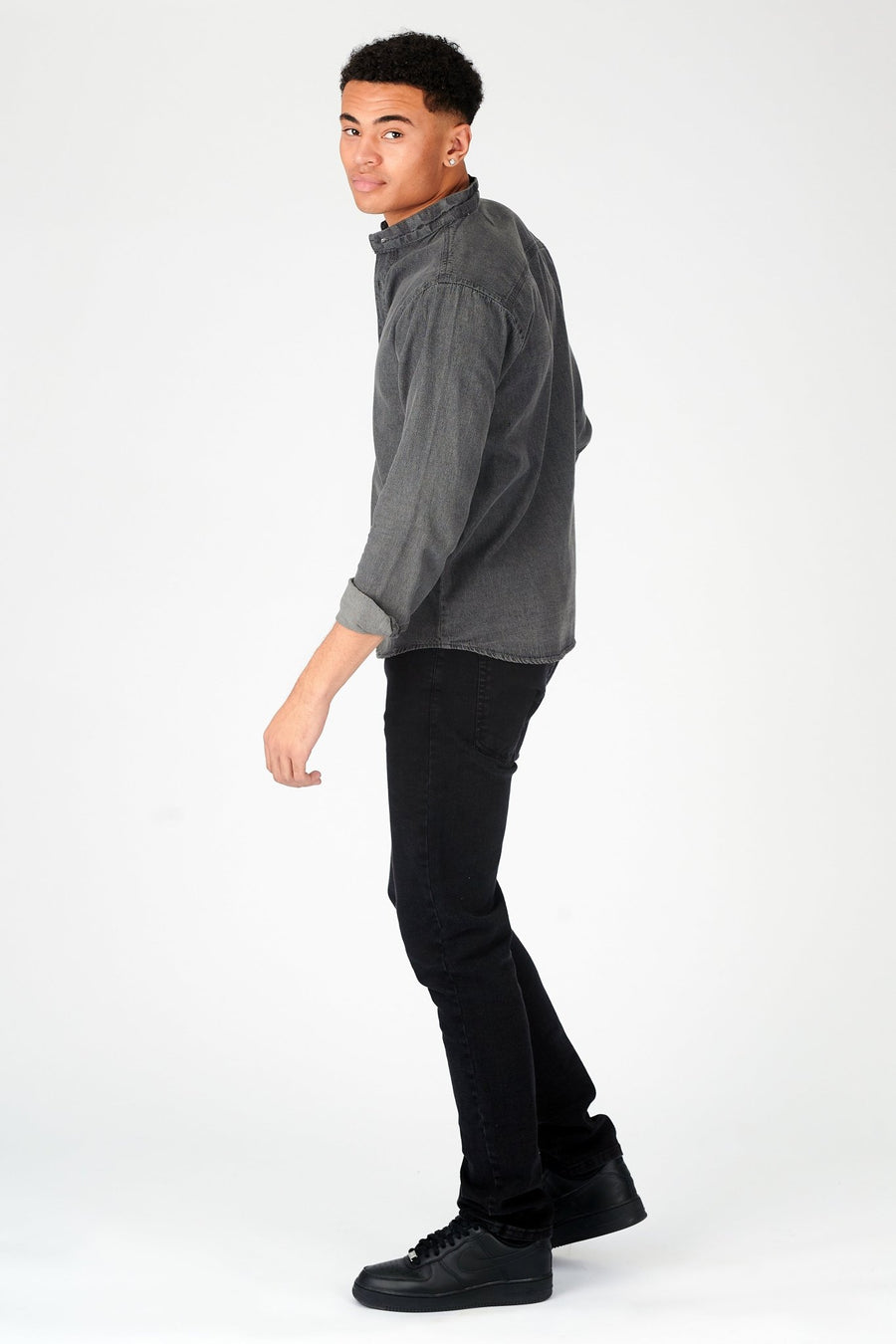 SLIM FIT GRANDAD COLLAR DENIM SHIRT - GREY - JMOJO - Men's Denim Shirts