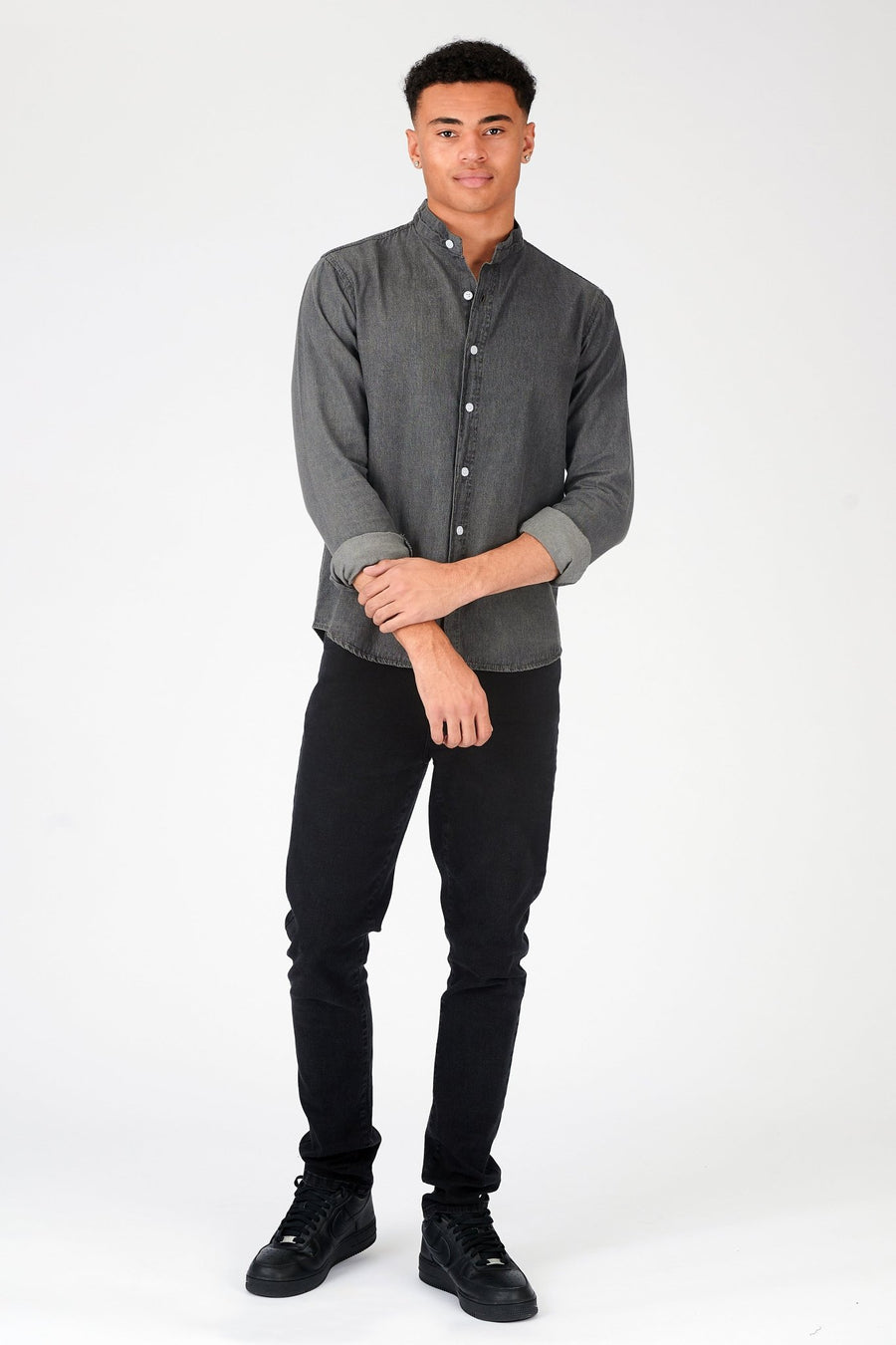 SLIM FIT GRANDAD COLLAR DENIM SHIRT - GREY - JMOJO - Men's Denim Shirts