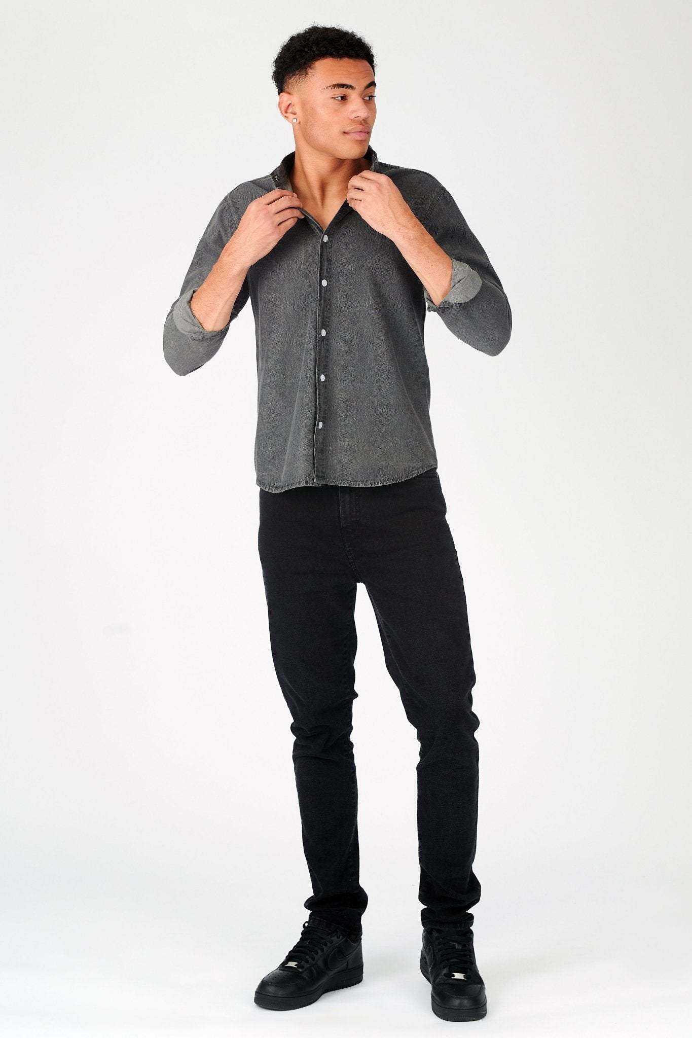 SLIM FIT GRANDAD COLLAR DENIM SHIRT - GREY - JMOJO - Men's Denim Shirts