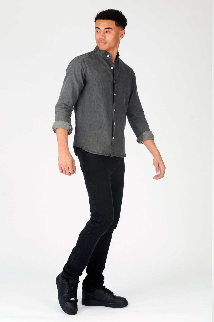 SLIM FIT GRANDAD COLLAR DENIM SHIRT - GREY - JMOJO - Men's Denim Shirts