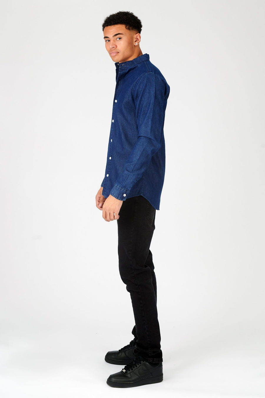 SLIM FIT GRANDAD COLLAR DENIM SHIRT - INDIGO BLUE - JMOJO - Men's Denim Shirts