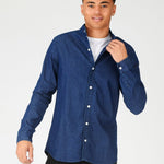 SLIM FIT GRANDAD COLLAR DENIM SHIRT - INDIGO BLUE - JMOJO - Men's Denim Shirts