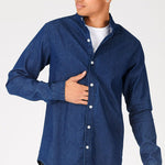 SLIM FIT GRANDAD COLLAR DENIM SHIRT - INDIGO BLUE - JMOJO - Men's Denim Shirts