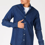 SLIM FIT GRANDAD COLLAR DENIM SHIRT - INDIGO BLUE - JMOJO - Men's Denim Shirts