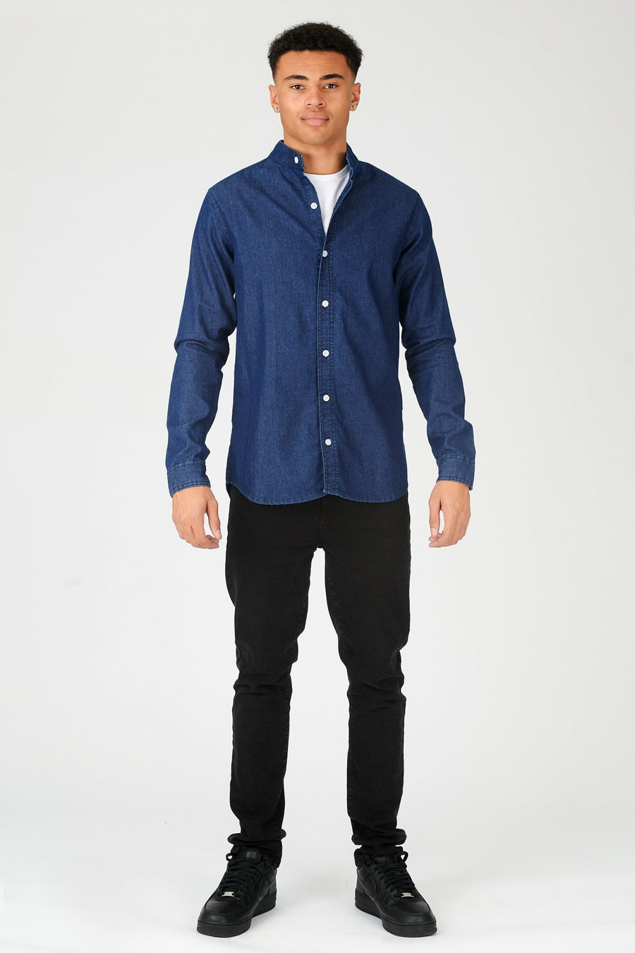 SLIM FIT GRANDAD COLLAR DENIM SHIRT - INDIGO BLUE - JMOJO - Men's Denim Shirts