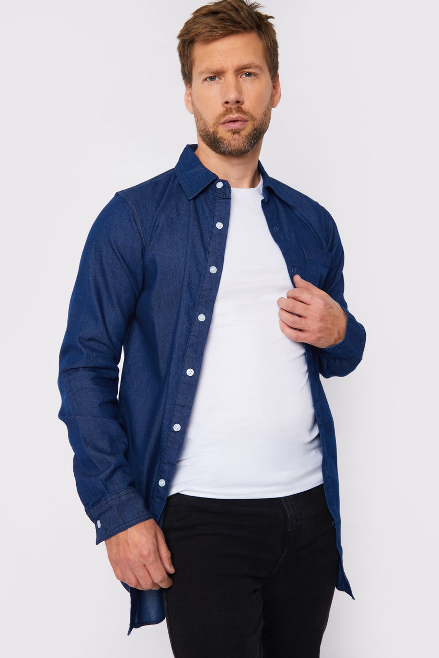 SLIM FIT LONGLINE DENIM SHIRT - DARK BLUE - JMOJO - Men's Denim Shirts
