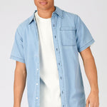 SLIM FIT LONGLINE SHORT SLEEVE DENIM SHIRT - LIGHT BLUE WASH - JMOJO - Men's Denim Shirts