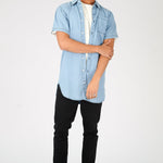 SLIM FIT LONGLINE SHORT SLEEVE DENIM SHIRT - LIGHT BLUE WASH - JMOJO - Men's Denim Shirts