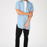SLIM FIT LONGLINE SHORT SLEEVE DENIM SHIRT - LIGHT BLUE WASH - JMOJO - Men's Denim Shirts