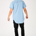 SLIM FIT LONGLINE SHORT SLEEVE DENIM SHIRT - LIGHT BLUE WASH - JMOJO - Men's Denim Shirts