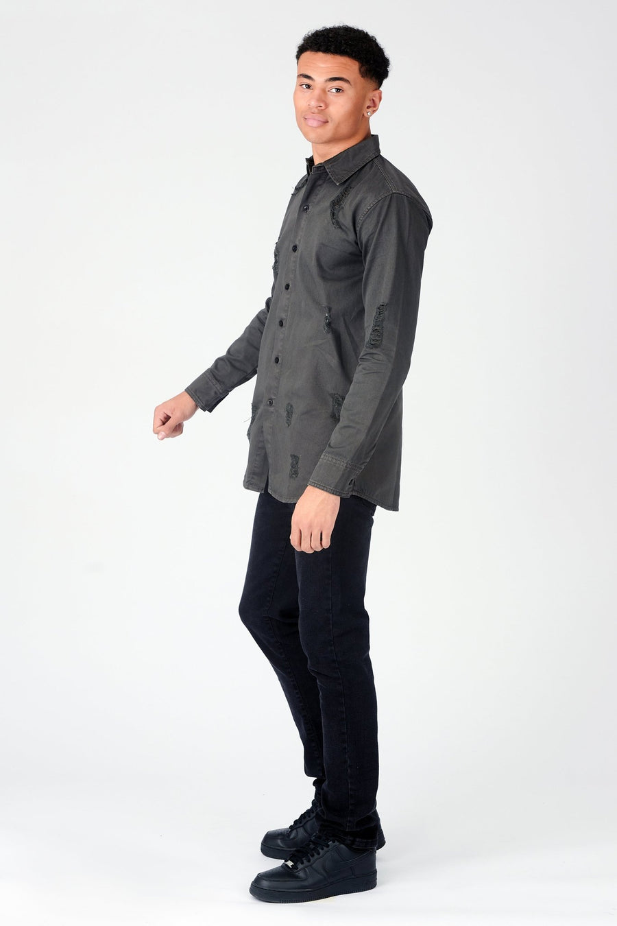SLIM FIT RIPPED DENIM SHIRT - CHARCOAL - JMOJO - Men's Denim Shirts