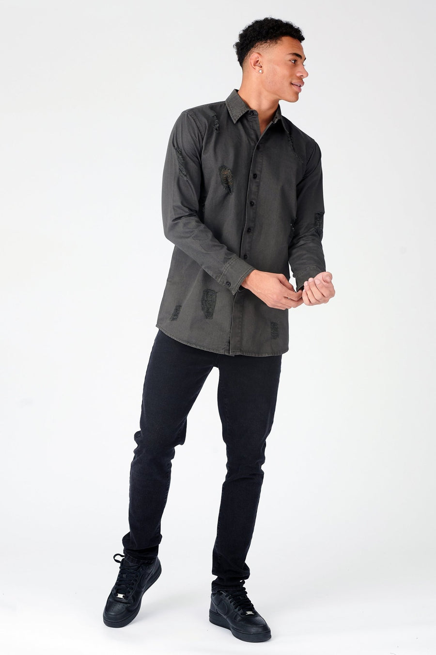 SLIM FIT RIPPED DENIM SHIRT - CHARCOAL - JMOJO - Men's Denim Shirts