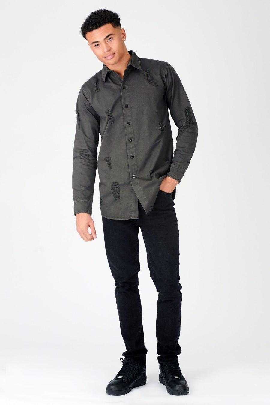 SLIM FIT RIPPED DENIM SHIRT - CHARCOAL - JMOJO - Men's Denim Shirts