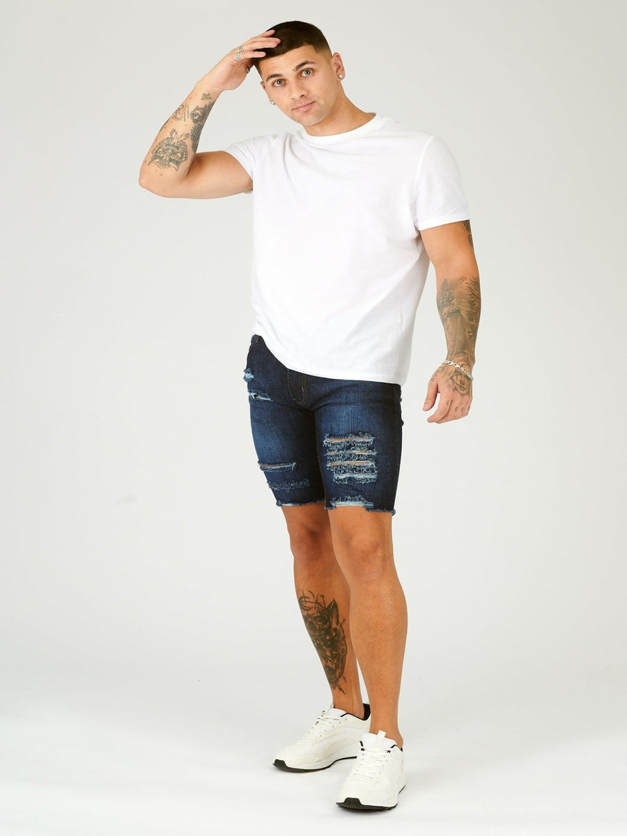 SLIM FIT RIPPED DENIM SHORTS - BLUE WASH - JMOJO - Men's Denim Shorts