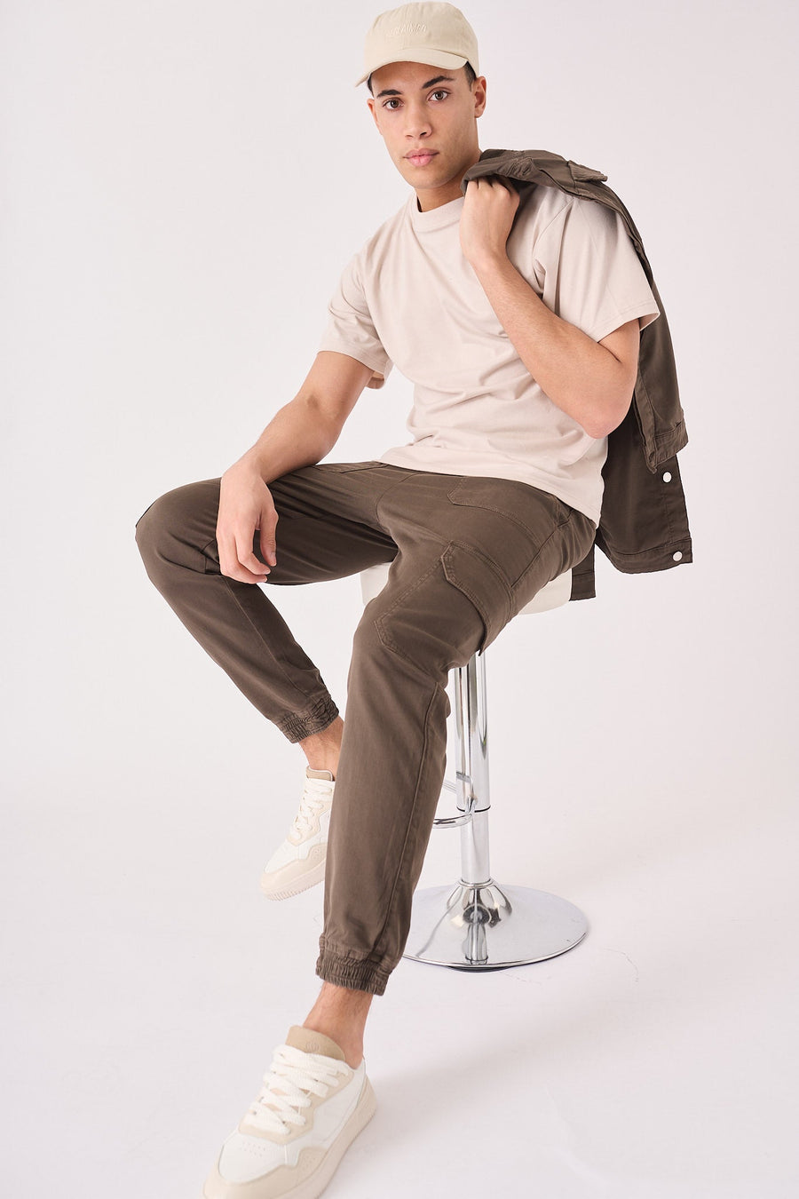 SLIM STRETCH CARGO TROUSERS - DARK BROWN - JMOJO - Men's Cargo Trouser