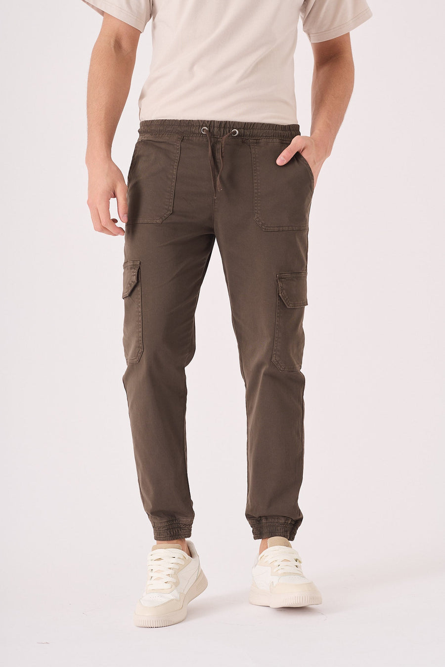 SLIM STRETCH CARGO TROUSERS - DARK BROWN - JMOJO - Men's Cargo Trouser