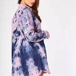 TIE DYE OVERSIZED LONG SLEEVE DENIM SHIRT - PINK BLUE - JMOJO - Women's Oversized Printed Denim Shirts